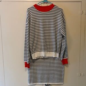 Striped Gray and White sweater and sweater skirt with Orange Accents